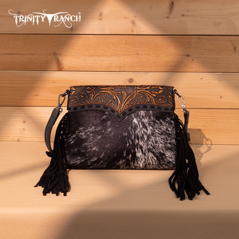 TR200-1814 Trinity Ranch  Floral Tooled Hair-On Cowhide Crossbody - Black
