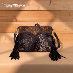 TR200-1814 Trinity Ranch  Floral Tooled Hair-On Cowhide Crossbody - Black