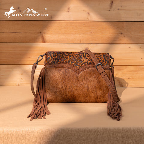 TR200-1814 Trinity Ranch  Floral Tooled Hair-On Cowhide Crossbody - Brown