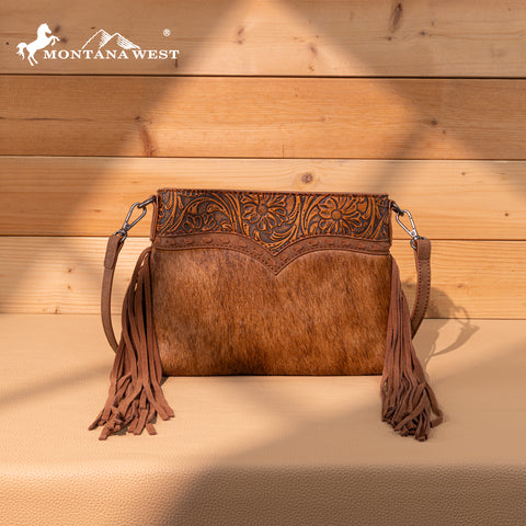 TR200-1814 Trinity Ranch  Floral Tooled Hair-On Cowhide Crossbody - Brown