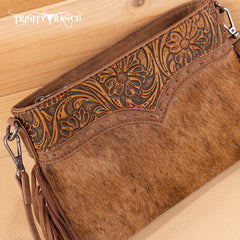 TR200-1814 Trinity Ranch  Floral Tooled Hair-On Cowhide Crossbody - Brown