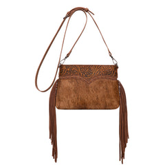 TR200-1814 Trinity Ranch  Floral Tooled Hair-On Cowhide Crossbody - Brown