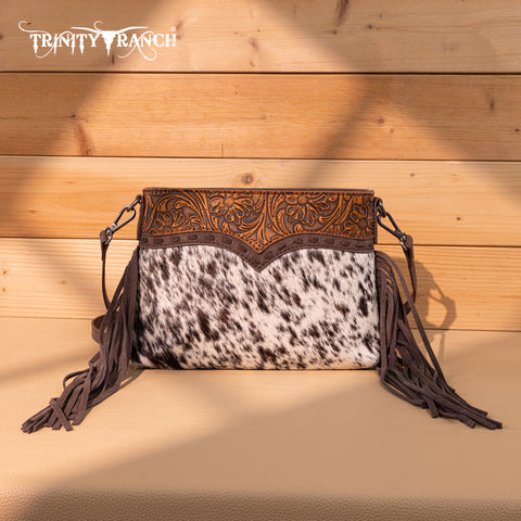 TR200-1814 Trinity Ranch  Floral Tooled Hair-On Cowhide Crossbody - Coffee