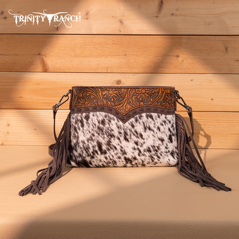 TR200-1814 Trinity Ranch  Floral Tooled Hair-On Cowhide Crossbody - Coffee