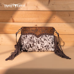 TR200-1814 Trinity Ranch  Floral Tooled Hair-On Cowhide Crossbody - Coffee