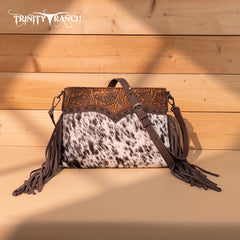 TR200-1814 Trinity Ranch  Floral Tooled Hair-On Cowhide Crossbody - Coffee