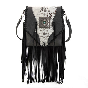 TR201-8360 Trinity Ranch  Fringe Hair-On Cowhide Crossbody - Black