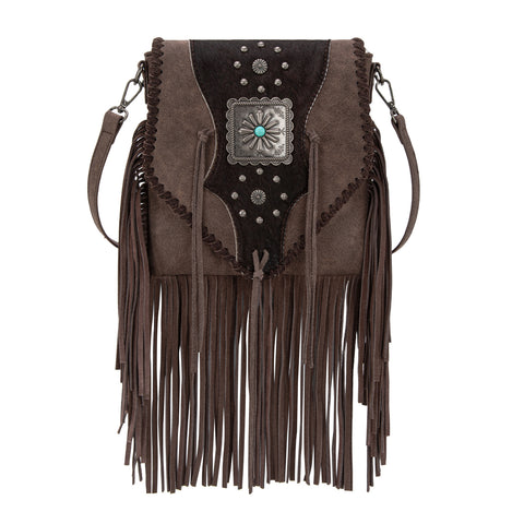 TR201-8360 Trinity Ranch  Fringe Hair-On Cowhide Crossbody - Coffee