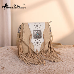 TR201-8360 Trinity Ranch Fringe Hair-On Cowhide Crossbody - Tan