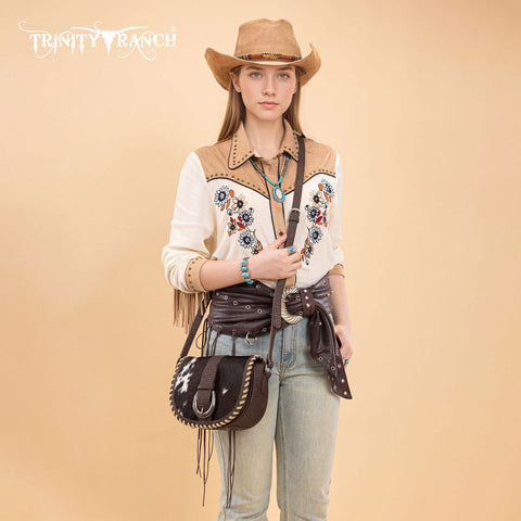 TR204-8360  Trinity Ranch Western Hair-On Cowhide Saddle Crossbody -Coffee