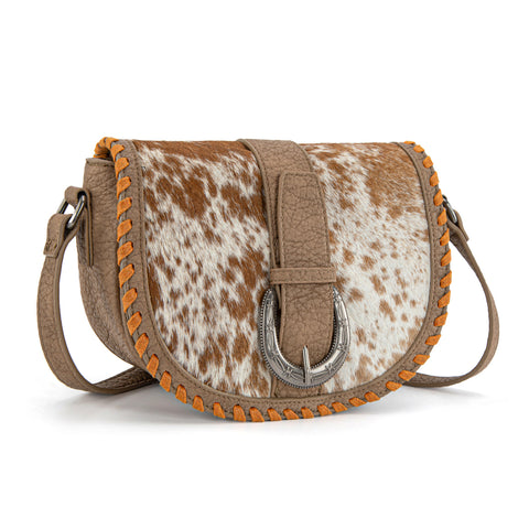 TR204-8360  Trinity Ranch Western Hair-On Cowhide Saddle Crossbody - Khaki