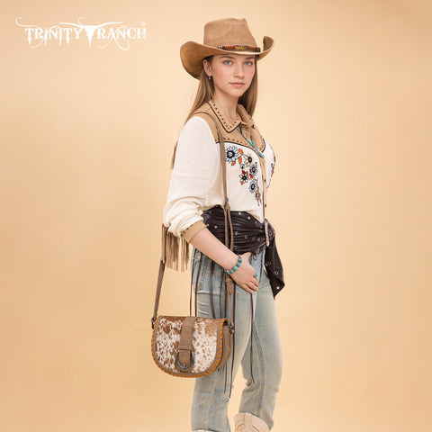 TR204-8360  Trinity Ranch Western Hair-On Cowhide Saddle Crossbody - Khaki