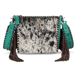 TR207-8360TQ Trinity Ranch Cowhide Fringe Crossbody Bag - Turquoise