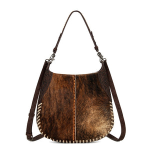 TR208-8360CF Trinity Ranch Cowhide ＆ Tooled Leather Hobo Crossbody Bag - Coffee