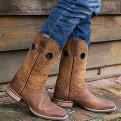 PLT-103609  Men's Pull-On Distressed Full Grain Leather Square Toe Western Full Grain Boots