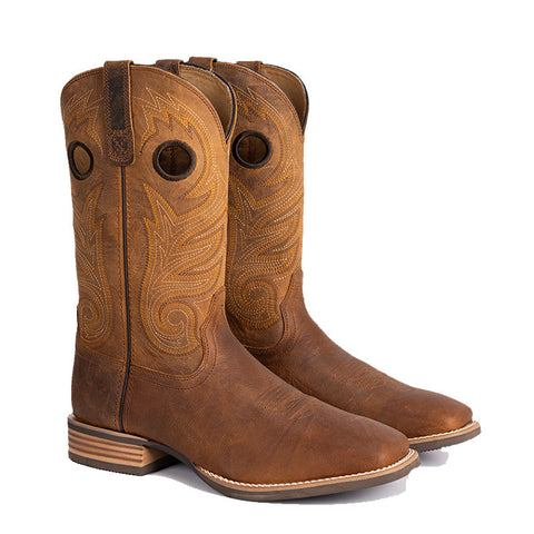 PLT-103609  Men's Pull-On Distressed Full Grain Leather Square Toe Western Full Grain Boots