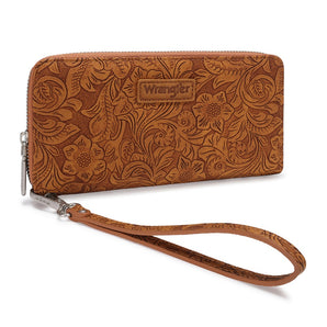 WG-WL-561-130-BR Wrangler Floral Tooled Wristlet RFID Wallet - Brown