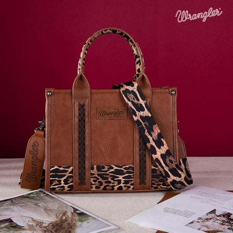 WG102-8120S  Wrangler Leopard Print Concealed Carry Tote/Crossbody Leopard