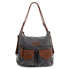 WG103-2008  Wrangler Floral Tooled Denim Hobo/Crossbody Backpack (Convertible ) Black