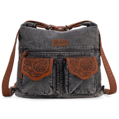 WG103-2008  Wrangler Floral Tooled Denim Hobo/Crossbody Backpack (Convertible ) Black