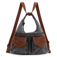 WG103-2008  Wrangler Floral Tooled Denim Hobo/Crossbody Backpack (Convertible ) Black