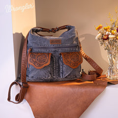 WG103-2008  Wrangler Floral Tooled Denim Hobo/Crossbody Backpack (Convertible ) Black