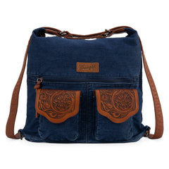 WG103-2008  Wrangler Floral Tooled Denim Hobo/Crossbody Backpack (Convertible ) Navy