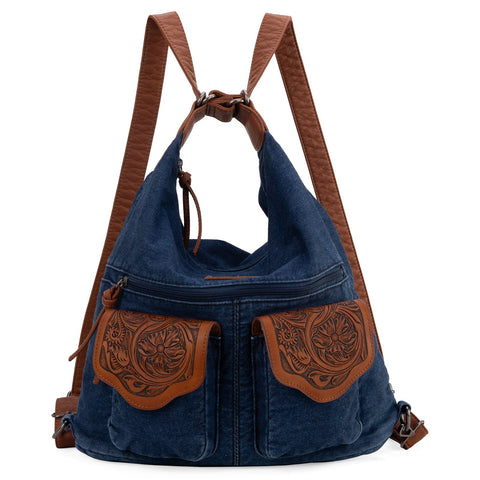 WG103-2008  Wrangler Floral Tooled Denim Hobo/Crossbody Backpack (Convertible ) Navy