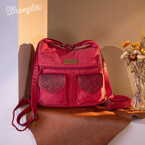 WG103-2008  Wrangler Floral Tooled Denim Hobo/Crossbody Backpack (Convertible ) Red