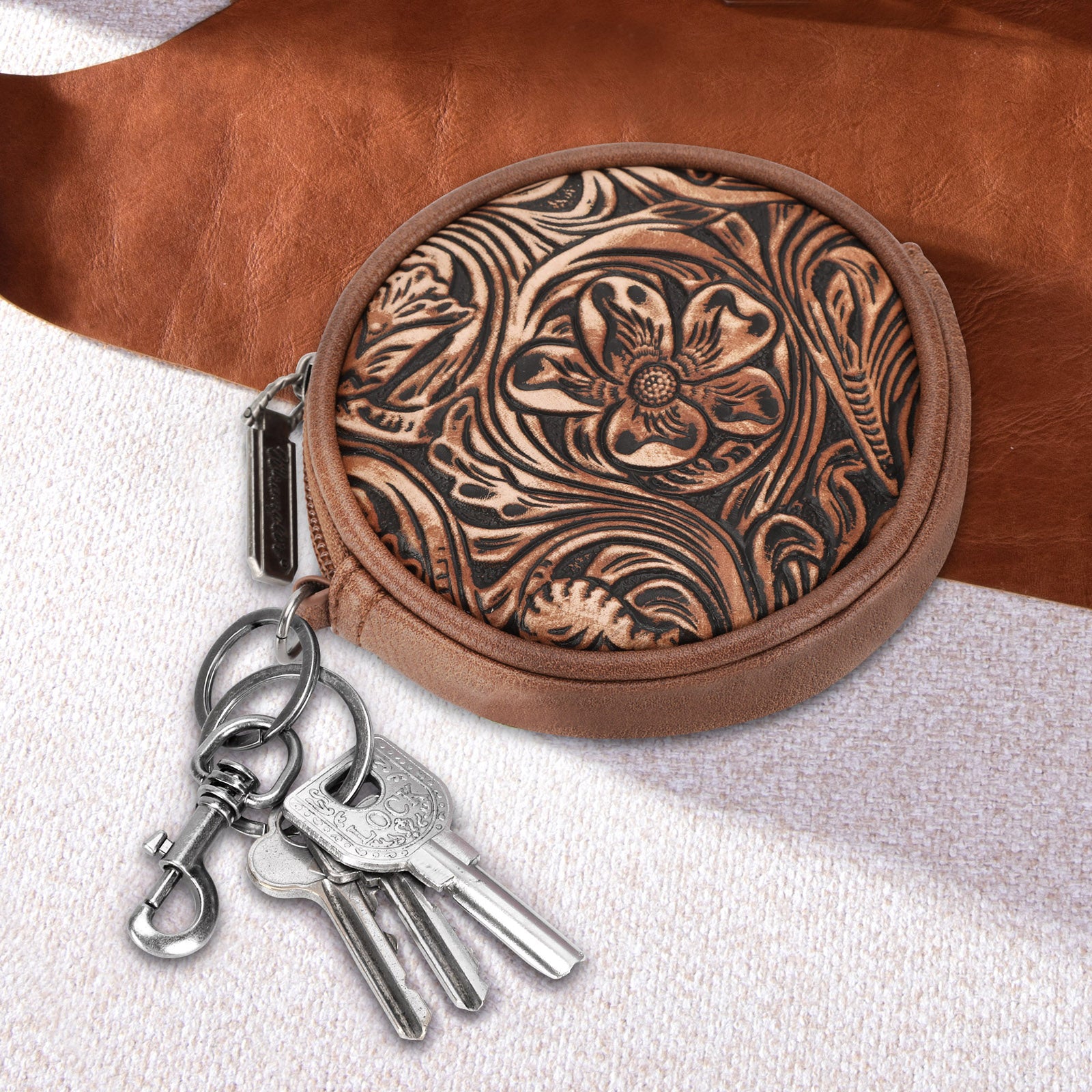 WG116003 Wrangler Floral Tooled Circular Coin Pouch Bag Charm Brown
