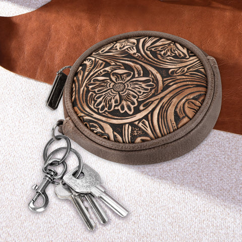 WG116-003  Wrangler Floral Tooled Circular Coin Pouch Bag Charm - Coffee