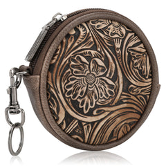 WG116-003  Wrangler Floral Tooled Circular Coin Pouch Bag Charm - Coffee