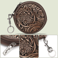 WG116-003  Wrangler Floral Tooled Circular Coin Pouch Bag Charm - Coffee
