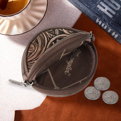 WG116-003  Wrangler Floral Tooled Circular Coin Pouch Bag Charm - Coffee