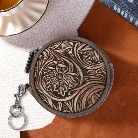 WG116-003  Wrangler Floral Tooled Circular Coin Pouch Bag Charm - Coffee