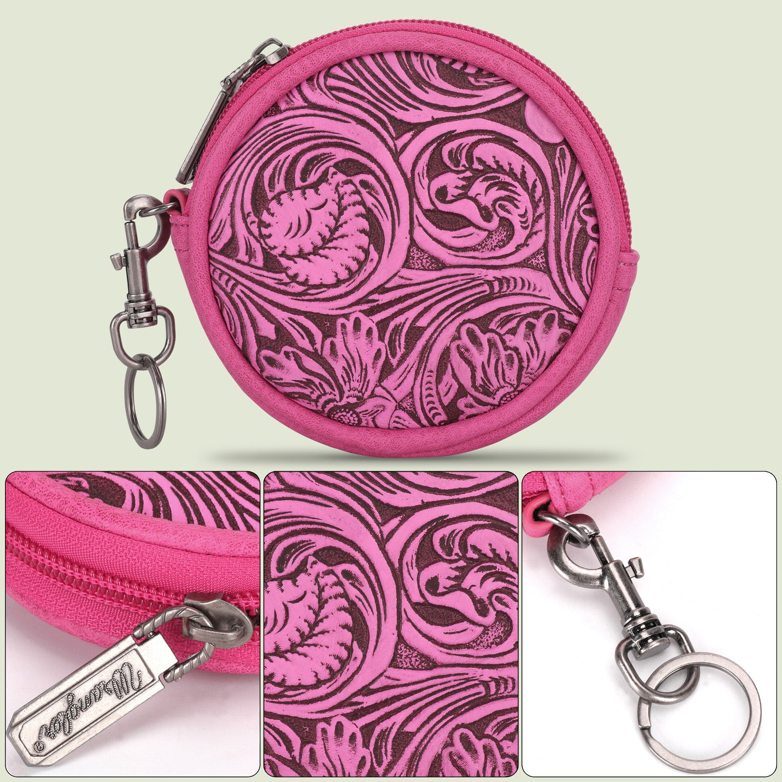 WG116003 Wrangler Floral Tooled Circular Coin Pouch Bag Charm Hot P