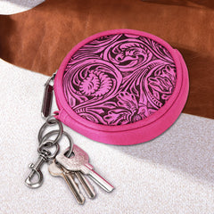 WG116-003  Wrangler Floral Tooled Circular Coin Pouch Bag Charm - Hot Pink