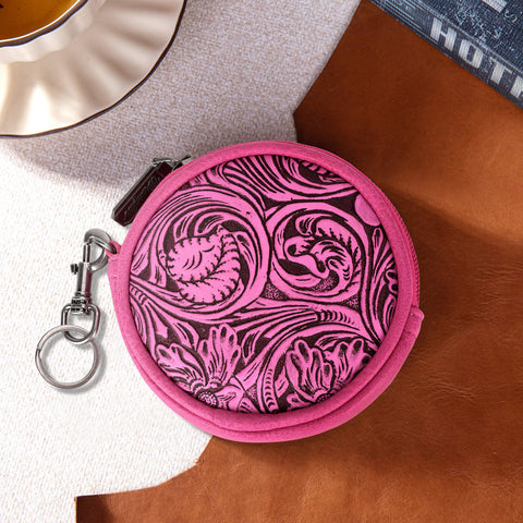 WG116-003  Wrangler Floral Tooled Circular Coin Pouch Bag Charm - Hot Pink