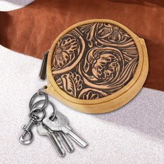 WG116-003  Wrangler Floral Tooled Circular Coin Pouch Bag Charm - Light Brown