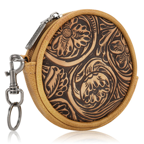 WG116-003  Wrangler Floral Tooled Circular Coin Pouch Bag Charm - Light Brown