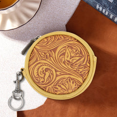 WG116-003  Wrangler Floral Tooled Circular Coin Pouch Bag Charm - Mustard