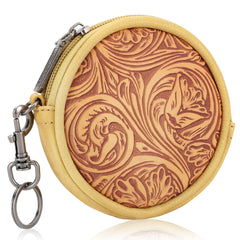 WG116-003  Wrangler Floral Tooled Circular Coin Pouch Bag Charm - Mustard