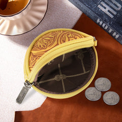 WG116-003  Wrangler Floral Tooled Circular Coin Pouch Bag Charm - Mustard