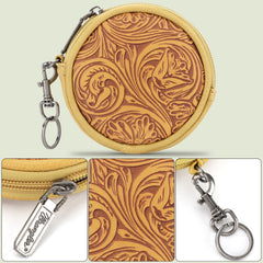 WG116-003  Wrangler Floral Tooled Circular Coin Pouch Bag Charm - Mustard