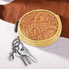 WG116-003  Wrangler Floral Tooled Circular Coin Pouch Bag Charm - Mustard