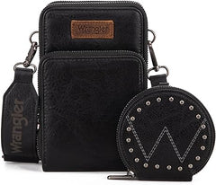 WG117-207 Wrangler Crossbody Cell Phone Purse 3 Zippered Compartment with Coin Pouch - Black