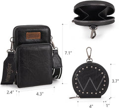 WG117-207 Wrangler Crossbody Cell Phone Purse 3 Zippered Compartment with Coin Pouch - Black