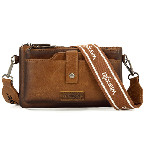 WG120-209  Wrangler Dual Zipper Compartment Crossbody Bag - Brown
