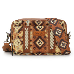 WG130-3003 Wrangler Southwestern Pattern Dual Sided Print Crossbody Purse With Wallet Compartment - Light Brown