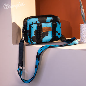 WG133-3003 Wrangler Cow Print Crossbody Purse With Wallet Compartment - Blue